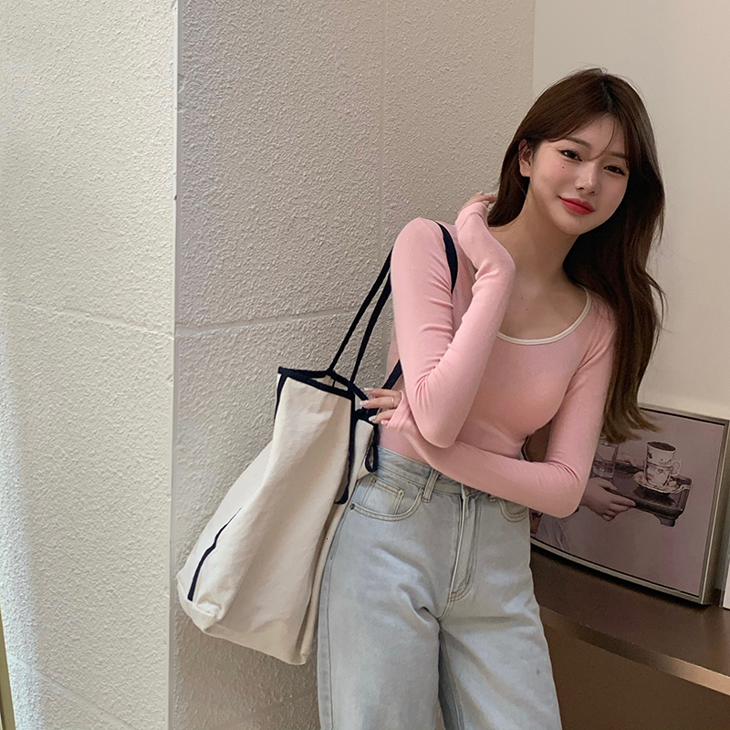 

2021 New 3 colour Korean-style autumn u neck of women thin cut tops long sleeve women's femme shirt (r99359) YTLA, Pink