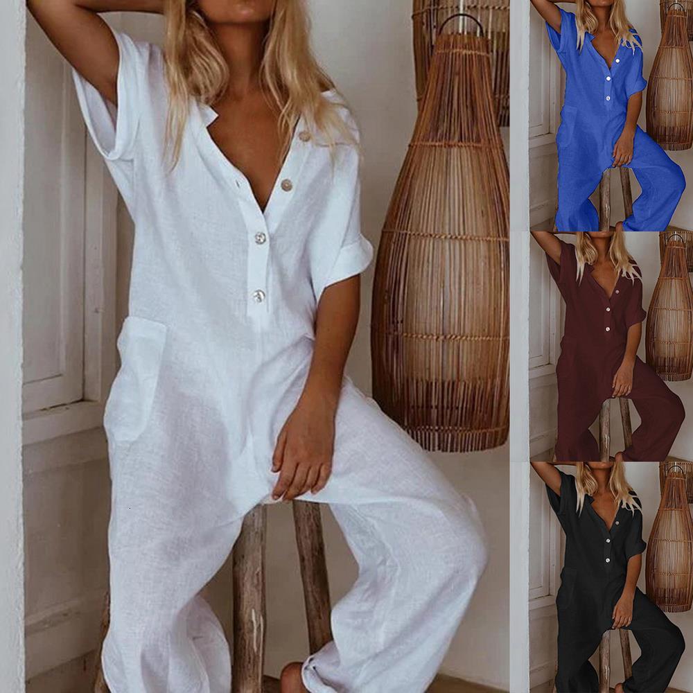 

Women Jumpsuit Elegant Button V Neck Cotton Linen Jumpsuits Summer Printed Short Sleeve Loose Trousers Romper Sexy Bodysuit, Burgundy