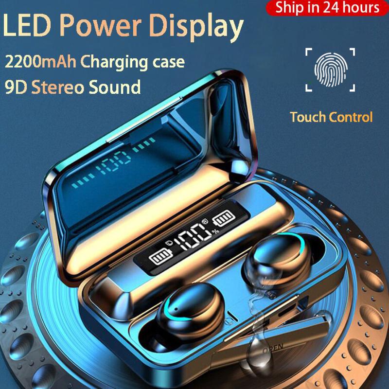 

F9-5 2200mAh LED Bluetooth Wireless Headphones Earphones Earbuds TWS Touch Control Sport Headset Noise Cancel Waterproof, Black