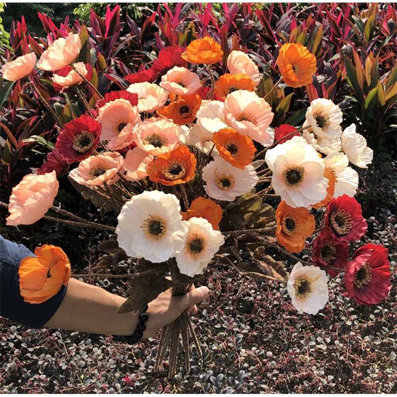 

4Heads/Branch Artificial Poppy Flowers Autumn Color Silk flower Diy Wedding Bouquet Fleurs Mariage Decoration Home Decor Poppies 220106