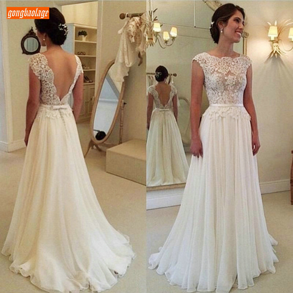 

Elegant Boho Chiffon White Wedding Dress Long 2020 Lace Appliqued Sleeveless Ivory Wedding Gowns Cheap Garden Sexy Bride Dresses