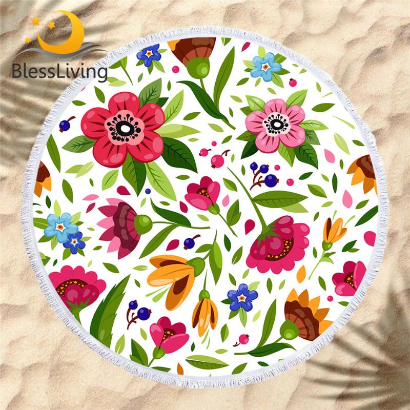 

BlessLiving Flowers Beach Towel Colorful Round Bath Towel Floral Microfiber Toalla Blanket Kids Girls Leaf Plant Beach Mat 150cm