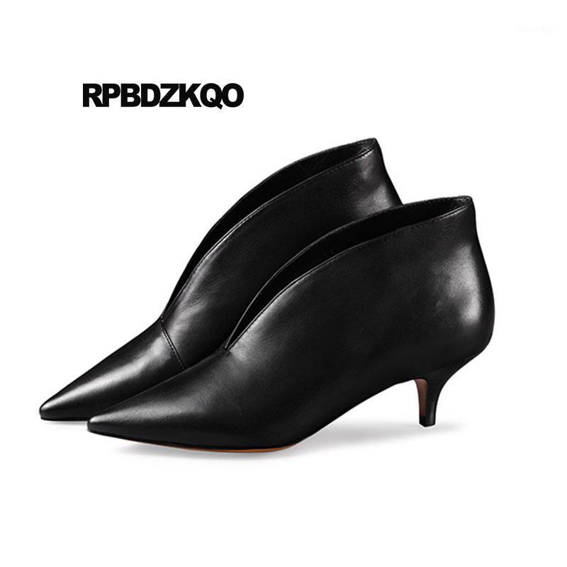 

2021 Women Ankle Boots Medium Heel Suede Stiletto Black Shoes Brand Booties Short Slip On Autumn 9 Pointed Toe Patent Leather1, Black cowhide