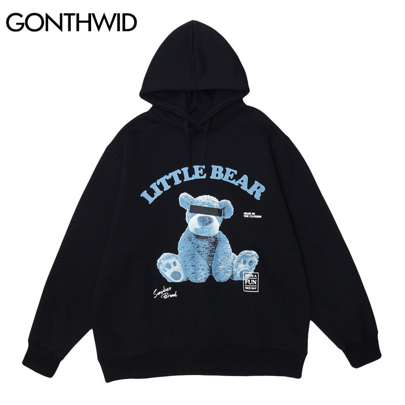 

Blindfolded Toy Bear Print Hooded Sweatshirts Streetwear Hip Hop Men Casual Harajuku Hoodies Fashion Pullover Tops Male, White