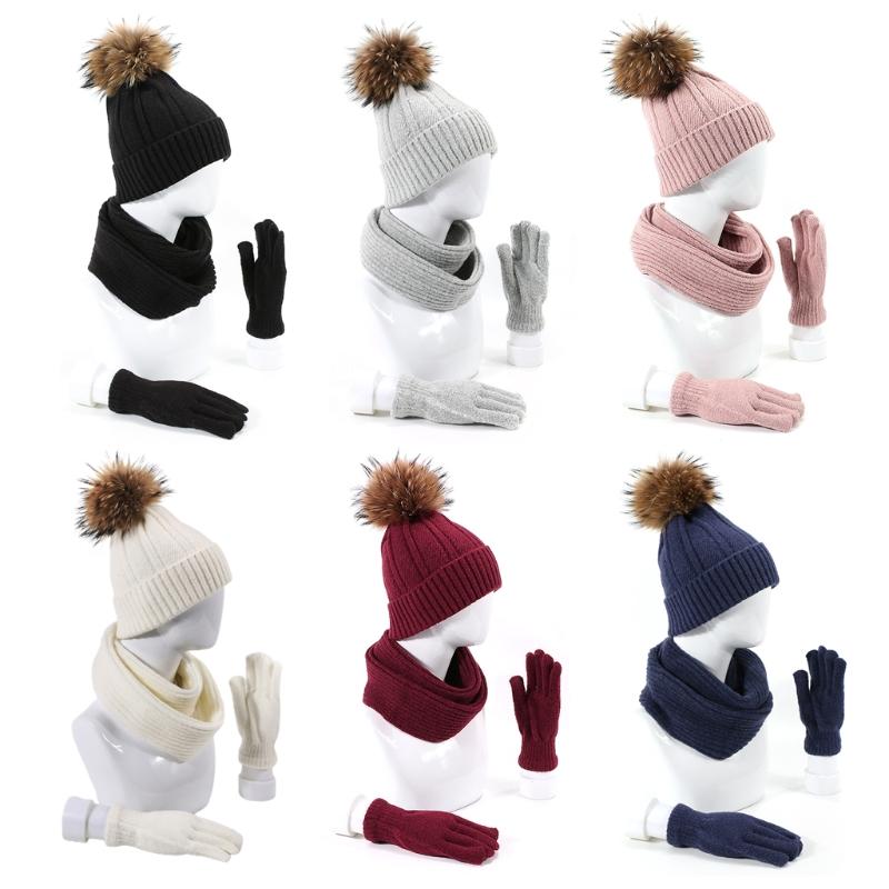 

3pcs Men Women Knitted Beanie Hat Scarf Gloves Set Thick Winter Warm Fake Ball Pom Pom Cap Neck Warmer Outdoor