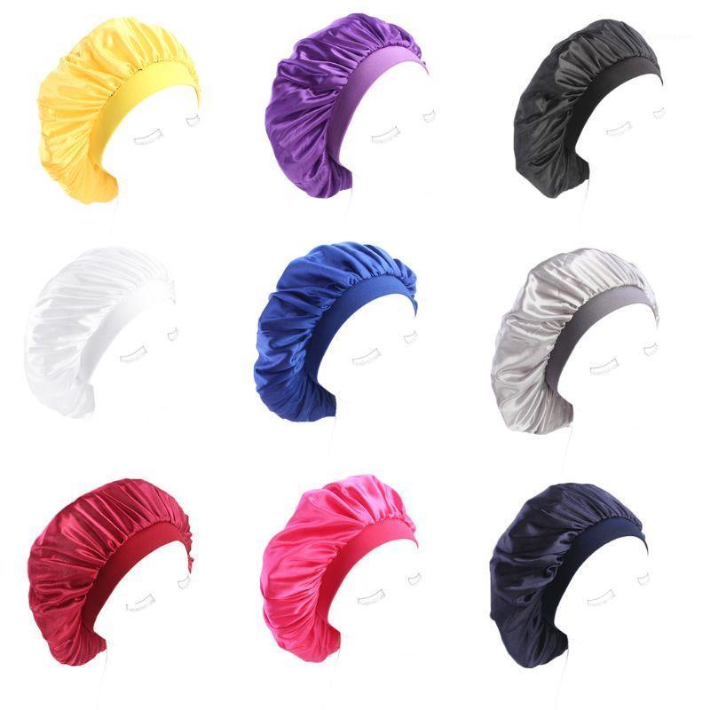 

1 Pc Womens Faux Silk Bonnet Cap Wide Elastic Band Solid Night Sleep Hat Wrap Pleated High Quality Polyester Stretchy Cap1, Wr