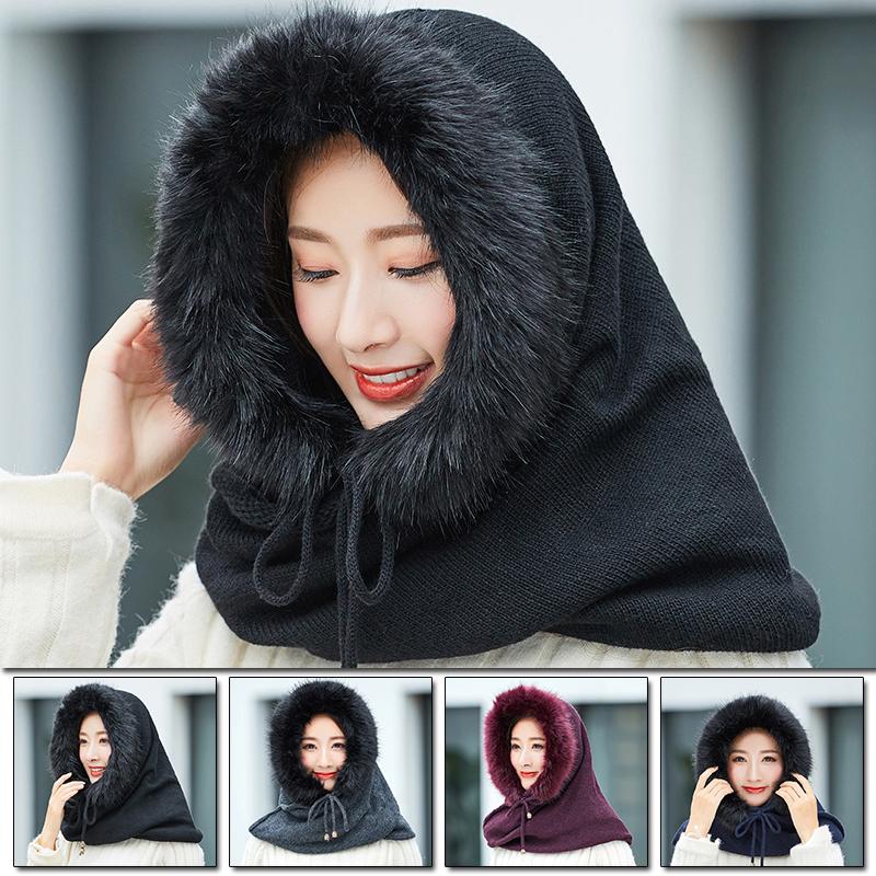 

Autumn Women Winter Warm Knitted Hat Scarf Set Outdoor Sport Plus Plush Skullies Beanies Caps Hooded Scarves Women's Hat, Gray