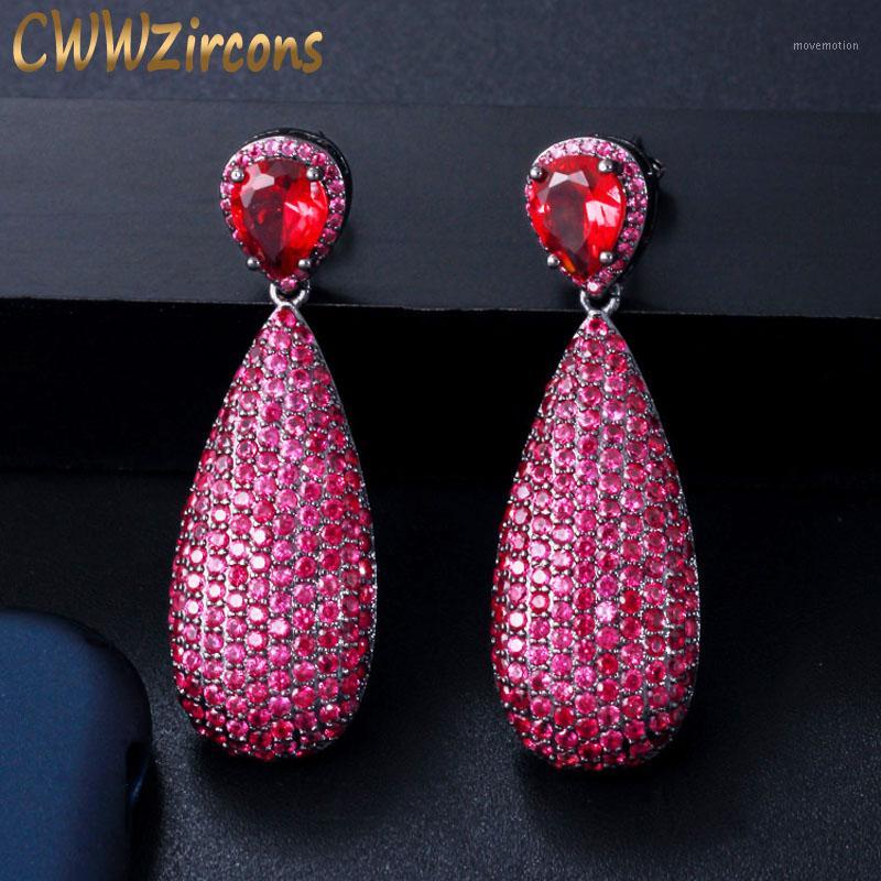 

CWWZircons Luxury Micro Cubic Zirconia Paved Unique Black Gold Color Hot Pink Red Big Dangle Drop Party Earrings for Women CZ5921
