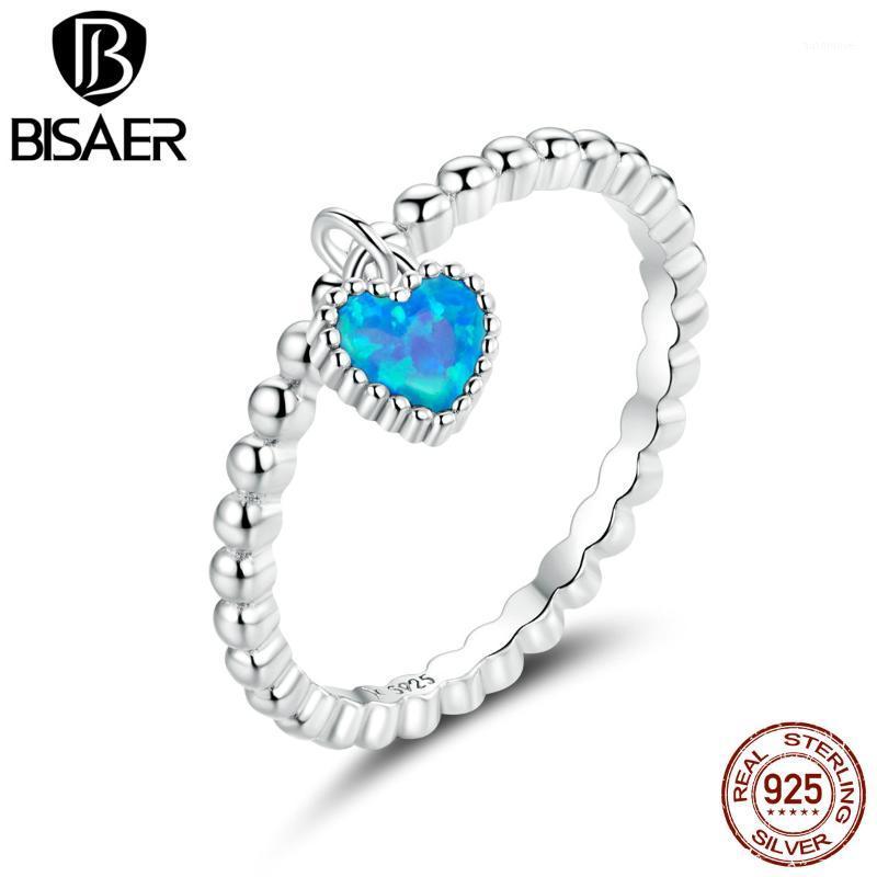 

BISAER Deep Blue Heart CZ Finger Rings 925 Sterling Silver Women Dubai Wedding Fashion Bridal Wedding Jewelry HSR6721