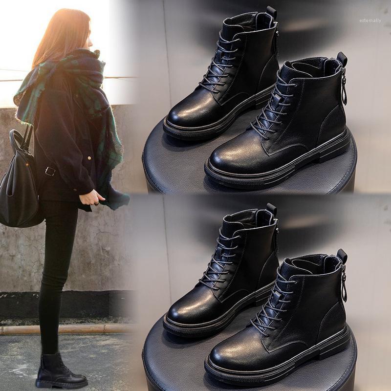 

Yiluan Motorcycle boot woman shoes 2020 new autumn winter leather boot women thick sole fashion casual boots flat1, Black short plush