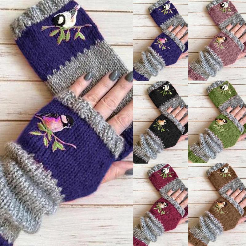 

Women Autumn Winter Bird Embroidered Gloves Knit Fingerless Color Block Mitten1