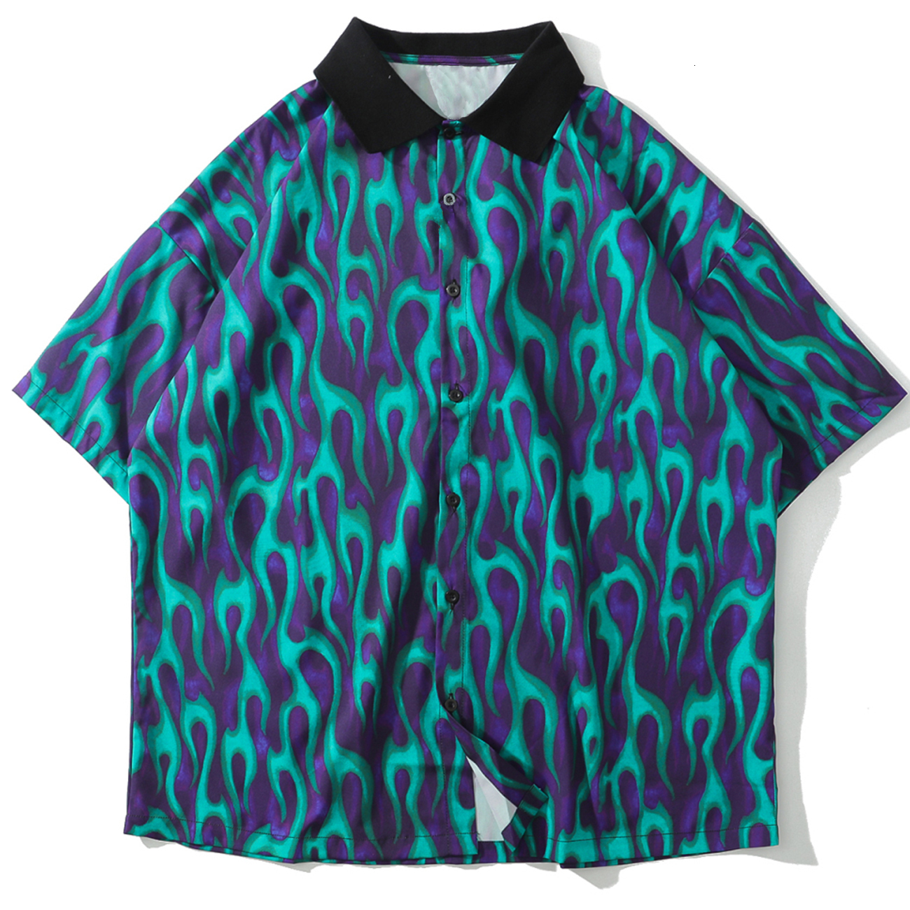 

2021 New Hip Hop Blue Fire Flame Men Summer Harajuku Oversized Casual Cotton Loose Short Sleeve Hawaii Shirts Tops Streetwear 59mp