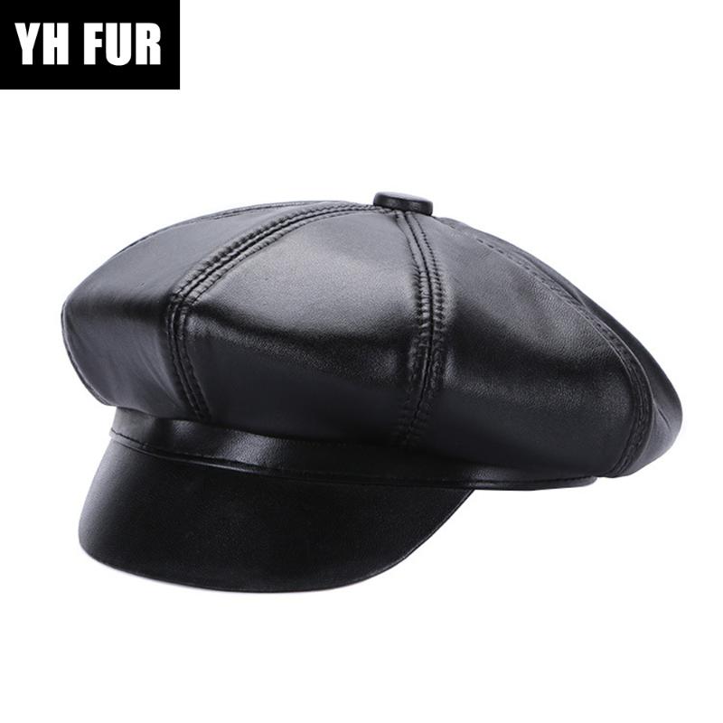 

New Autumn Winter Women 100% Natural Sheepskin Leather Berets Hats Casual Octagonal Sheepskin Leather Caps Wholesale Retail, Black 1