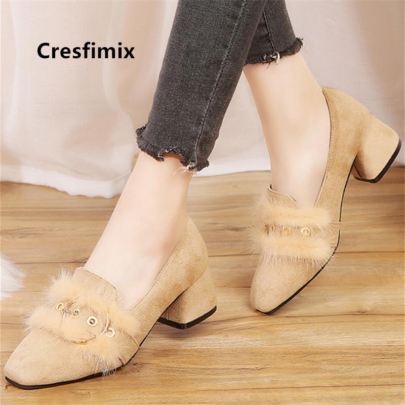 

Cresfimix women cute pointed toe black fur high heel pumps ladies classic comfortable square heel shoes sweet winter shoes a9061