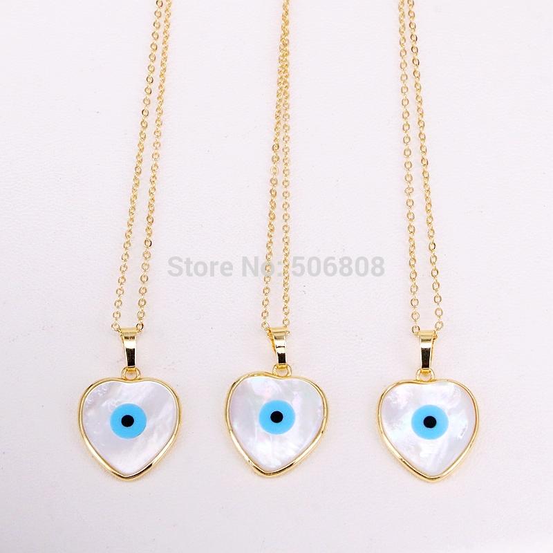 

10PCS ZYZ309-1570 Gold color blue eye pendant heart shape shell pendant with chain necklace