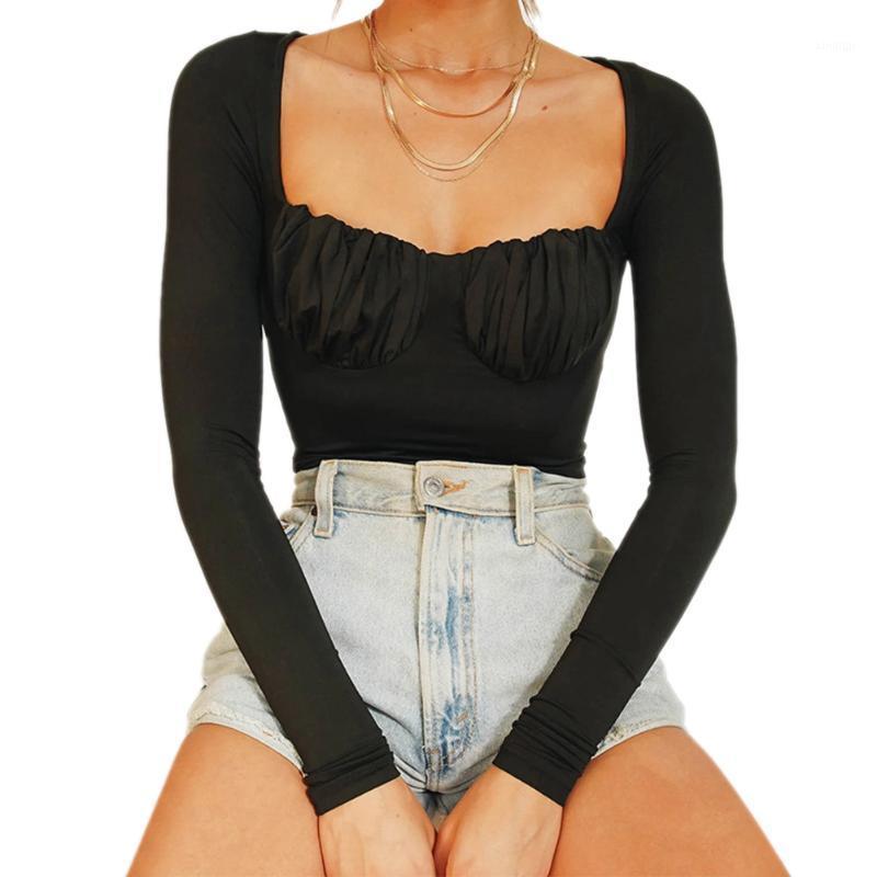 

Women Solid Color Slim Crop Shirts, Square Neck Long Sleeve Bust Front Ruched Cute Blouse1, Beige