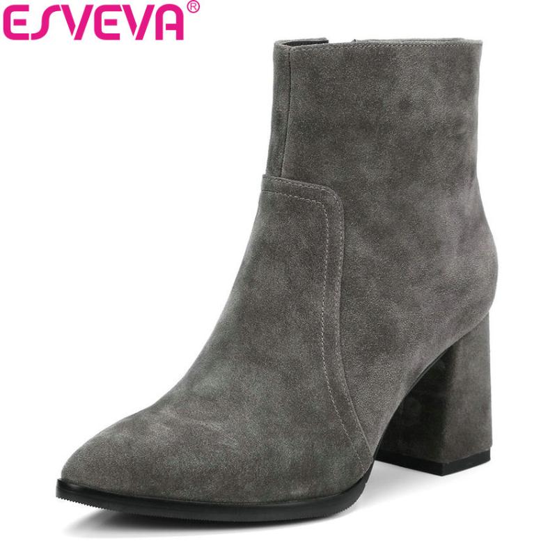 

ESVEVA 2021 Women Boots Solid Cow Suede Fashion Square High Heels Ankle Boots Concise Zipper Pointed Toe Ladies Shoes Size 34-39, Black