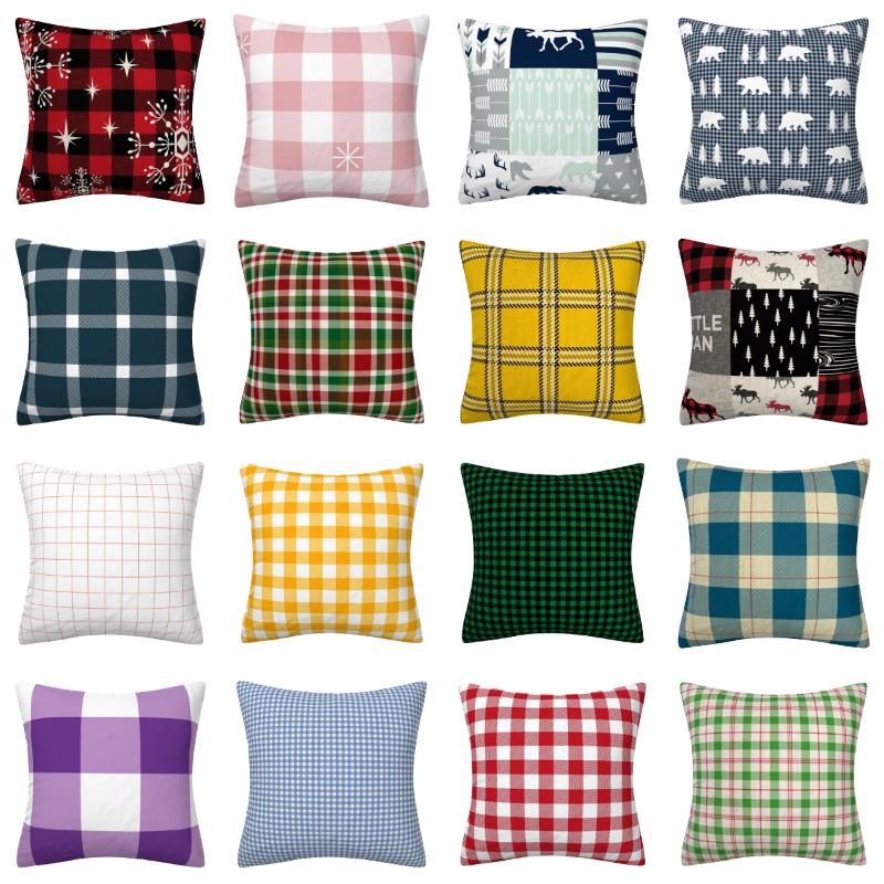 

2020 NEW Christmas Plaid Cushion Cover Linen Blue Red Christmas Pillows Cover New Year Livingroom Sofa Decorative Throw Pillows, 15