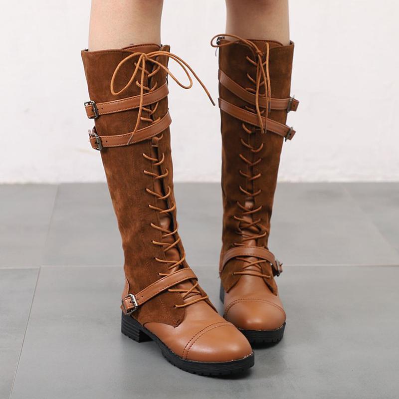 

New Winter Long Boots Women Fashion Black Lace Up Flock Knee High Boots Soft Warm Leather Thigh High Women Booties Shoes VT1663, Coffee
