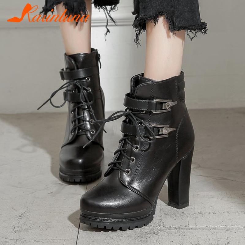 

2021 Gothic Style woman's High Quality Shoes Female Buckles Round Toe lace-up Thick High Heels Ladies Ankle Boots Footwear, Black