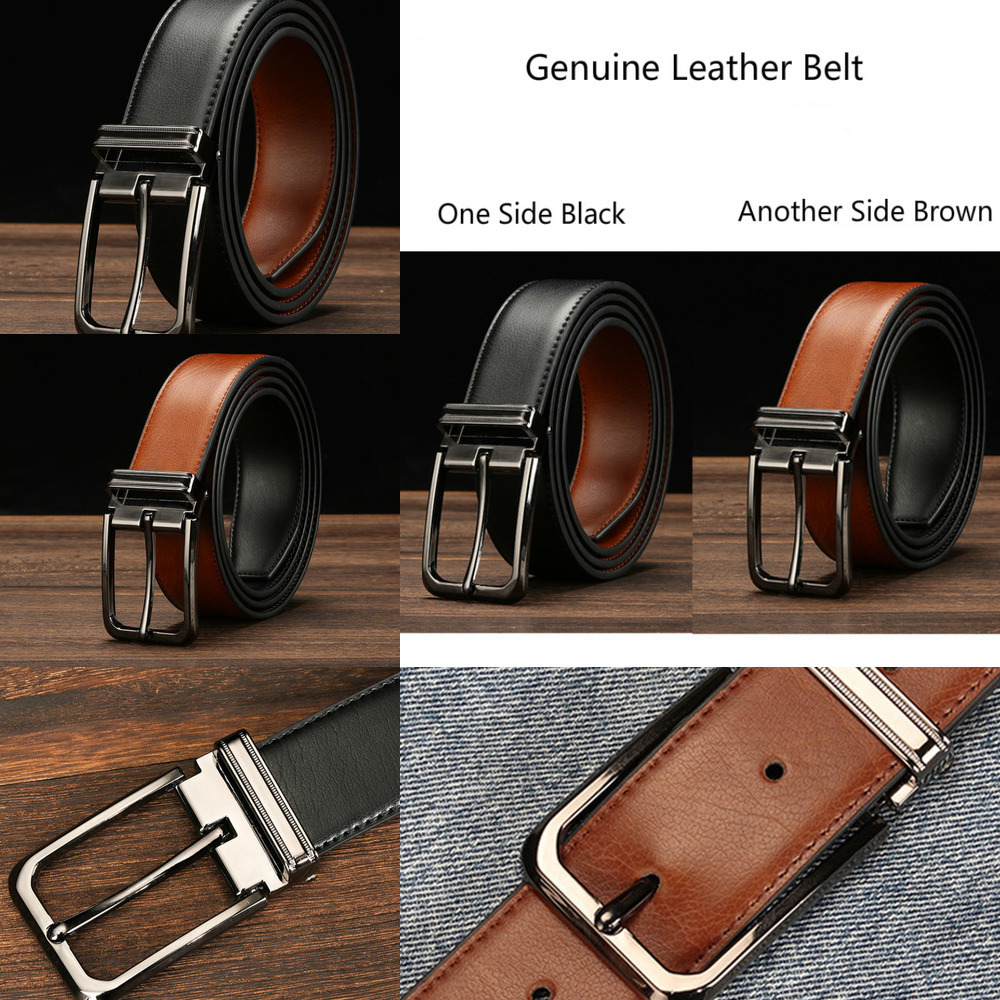 

2021High Quality Cowhide Genuine Leather Belts Men Pin Buckle Jeans Waist Belt Male Black Brown Two Sides Color Belt Ceinture Homme