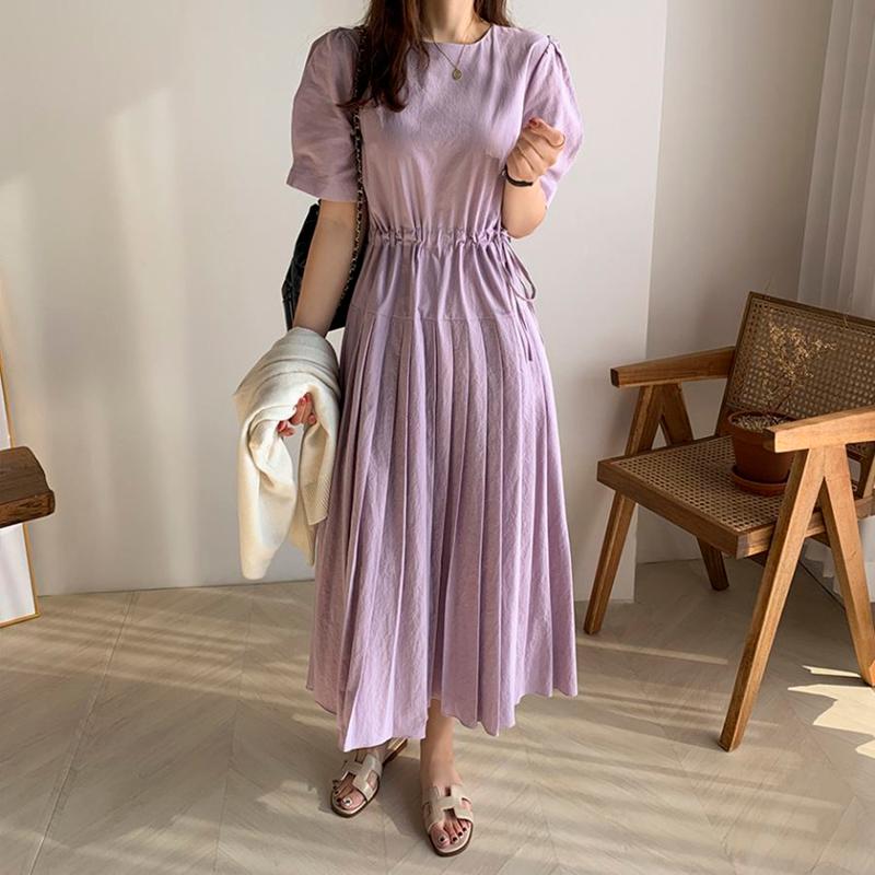 

Casual Dresses 2022 Chic Korea Summer Dress Cotton Bubble Short Sleeve Pleated Women Elegant Party Elastic Wait Vestidos 13955, Black;gray