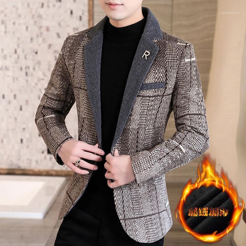 

Autumn and winter plus velvet small suit men' Korean style self-cultivation trend single western casual thick plaid woolen suit1, Brown