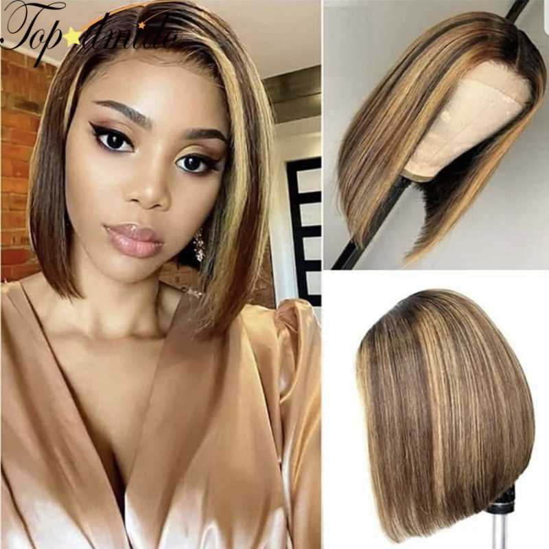 

TOPODMIDO Highlight Color Short Hair Transparent Front Lace Wig 8-16 Inch Human Hair Bob Wigs With Baby, Black;brown