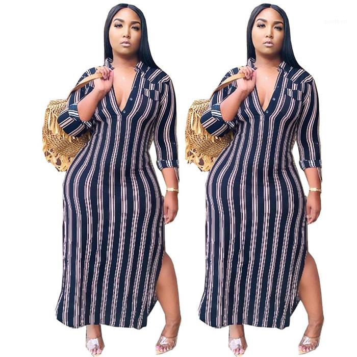 

Womens Designer Stripe V Neck Shirt Dresses Fashion Autumn Long Sleeve Split Women Clothing Plus Size Dresses