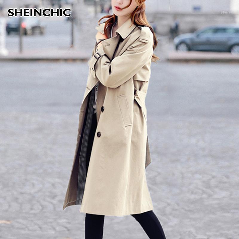 

korean Fashion Medium Long Trench Coat For Women 2020 Autumn Khaki Double-breasted Long Sleeve Trench Women Casual Outwear xxl1, Blue