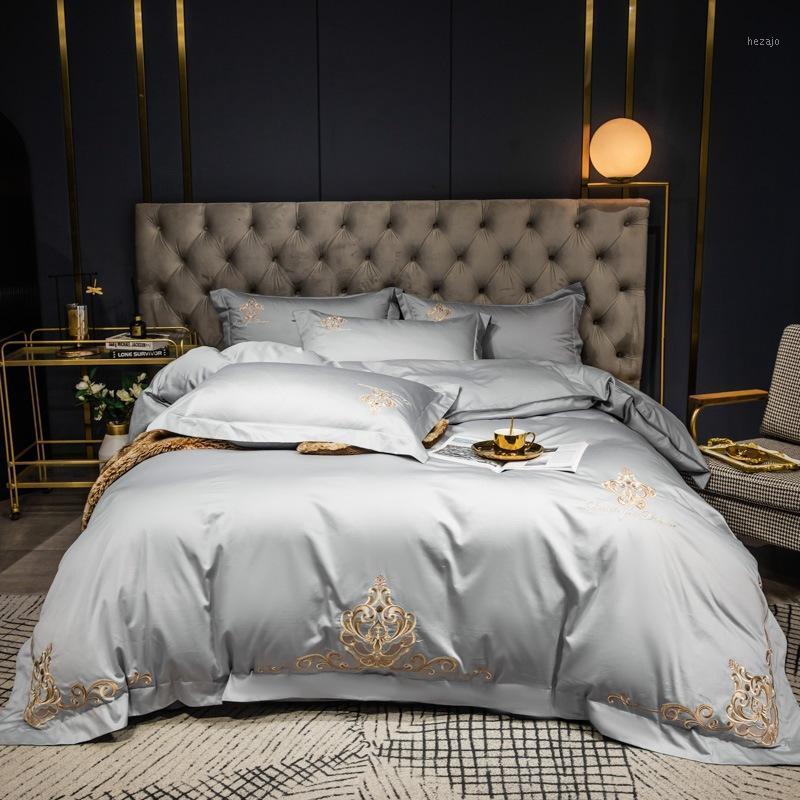 

60S Egyptian cotton Bedding Set Embroidered solid color duvet cover bed linen wedding hotel pillowcases fitted sheet flat sheetl1