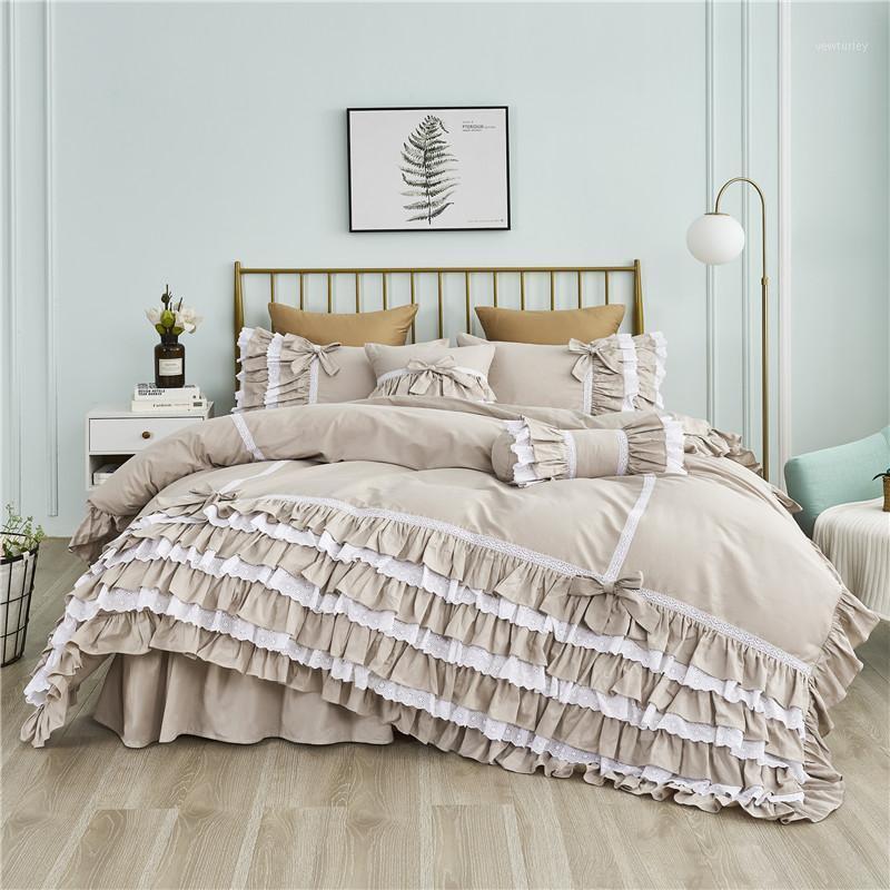 

Pure cotton Korean princess ruffles lace cake layers solid color beige gray embroidery skirt-style bedding set free shipping YYX1, As pic