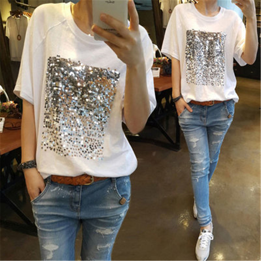 

Summer Korean Sequins T Shirt for Women Version of The Loose Large Size Bamboo Cotton White T-shirt Female Short-sleeved Fitness Y200110, Kb-75