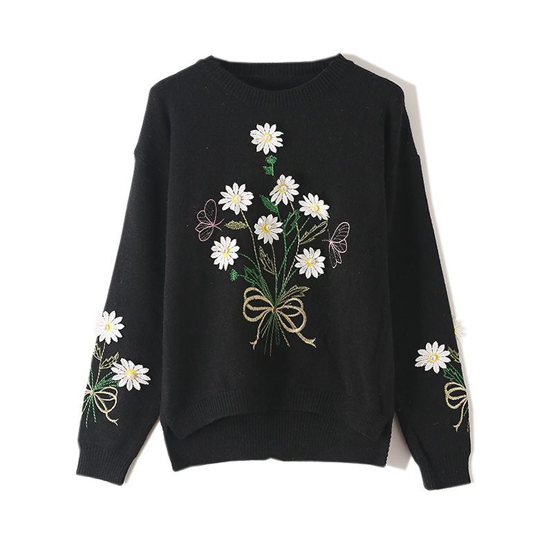 

New Sweet Flower Blouses Pullover Loose Embroidery From Women's Luxury Autumn Winter Jumper Basic Crochet Tops Christmas Shirt Gbuc, Black