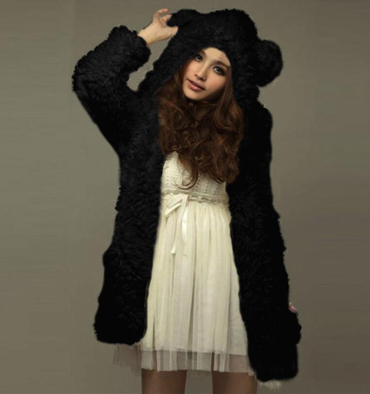 

autumn and winter new style Korean plush hooded long-sleeved slim mid-length padded bear style ladies fur jacket, White