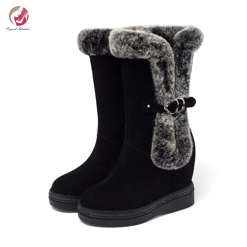 

Original Intention Stylish Winter Warm Snow Boots Woman Real Fur Round Toe High Wedges High Platform Quality Winter Shoes, Ef8057 gray