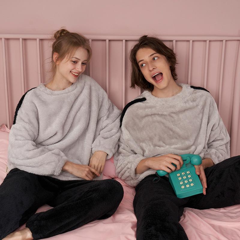 

Lovers Warm Plush Pyjamas Suit Autumn Flannel Robes Casual Couple Nightgown Women's Coral Fleece Pajamas Homewear, Women-white orange