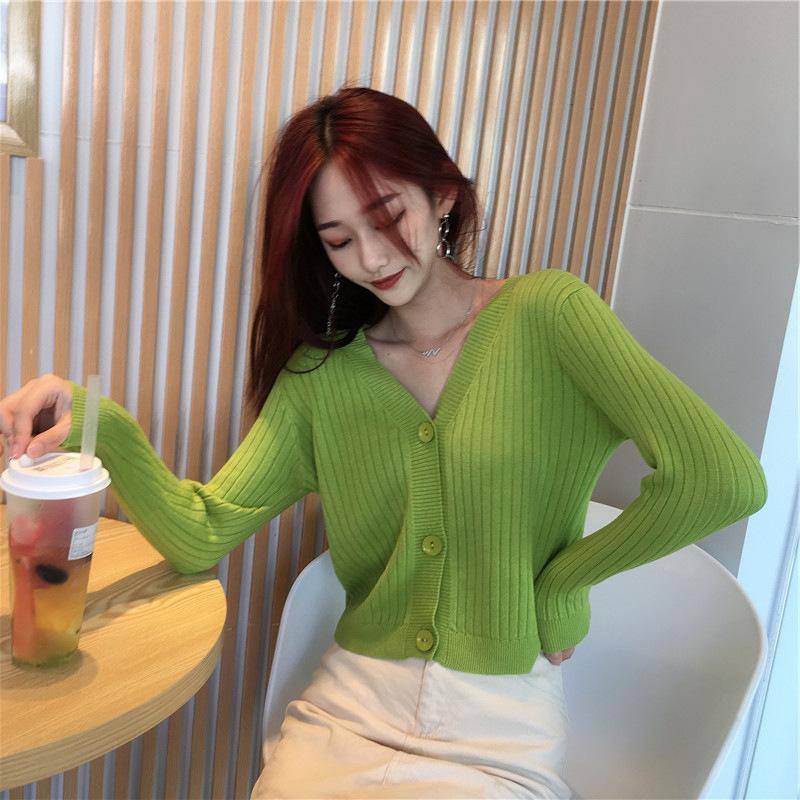 

HOHL V-neck Autumer Knitted Cardigans Women's Soft Long Sleeve Simple Solid Sweaters Outerwear