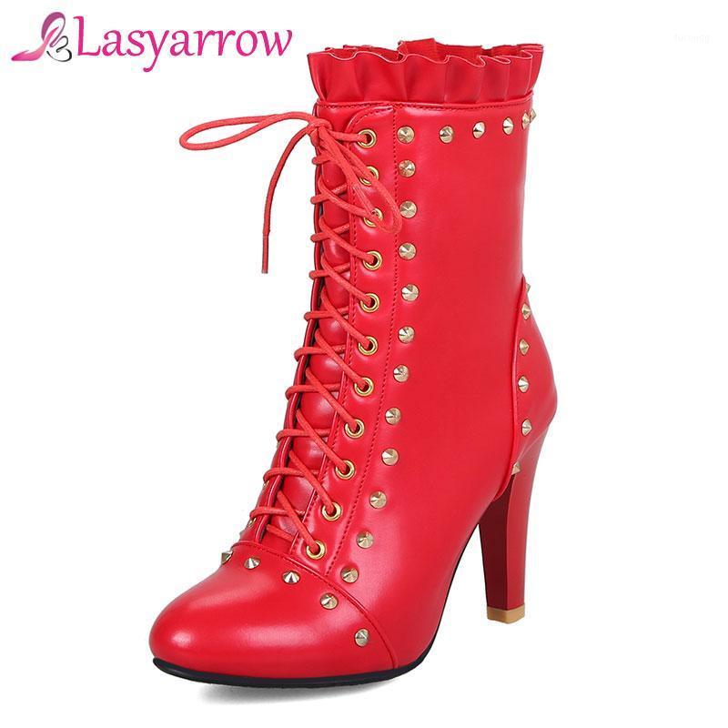 

Lasyarrow Brand Shoes Woman Fashion Rivets Studded Ankle Boots Ruffle Motorcycle Boots High Heels Lace Up Short Black Red1