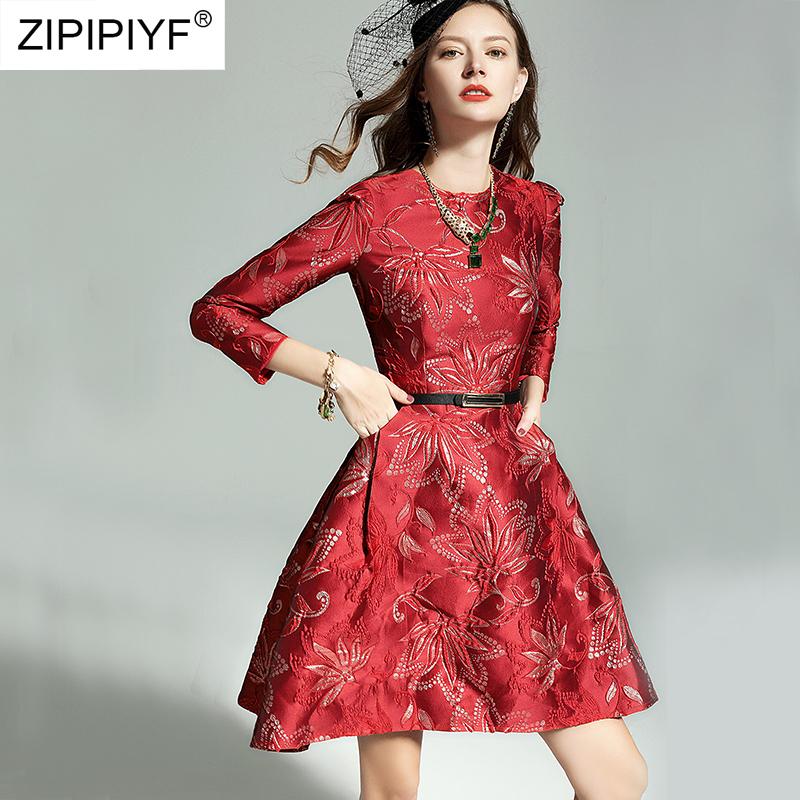 

Womens Jacquard Elegant Vintage Dobby fabric Flower Irregular big Hem Dresses Evening Party Dress Three Quarter Vestidos H6911, As show