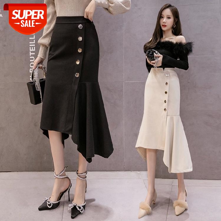 

2020 autumn and winter fashion new products woolen skirts, hips and fishtail skirts, mid-length lotus leaf irregular skirts #Gi9X, White;black