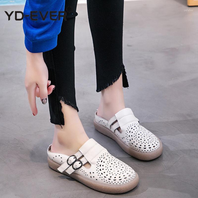 

Women Genuine Leather Mules Hollow Out Slippers Women Summer Shoes Retro Handmade Flat Heels Slippers1, Beige