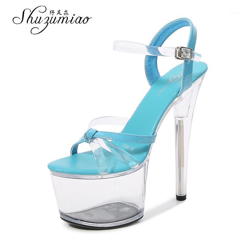 

Shuzumiao Transparent Sandals Woman 2021 New Waterproof Platform High Heels 17cm Female Stilettos Fashion Show Pole Dance Shoes1, Blue