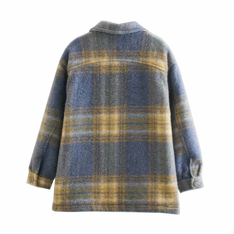 

2021 New Yellow Blue Plaid Woolen Shirt Coat Ladies Single Breasted Down Collar Female Outerwear for Women P8fm