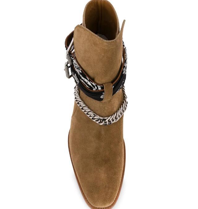 

Hot Sale New Season Man Ami Ri Chain-embellished Ankle Boots Bandana Print Side Buckle Fastening Round Toe Shoes, Brown