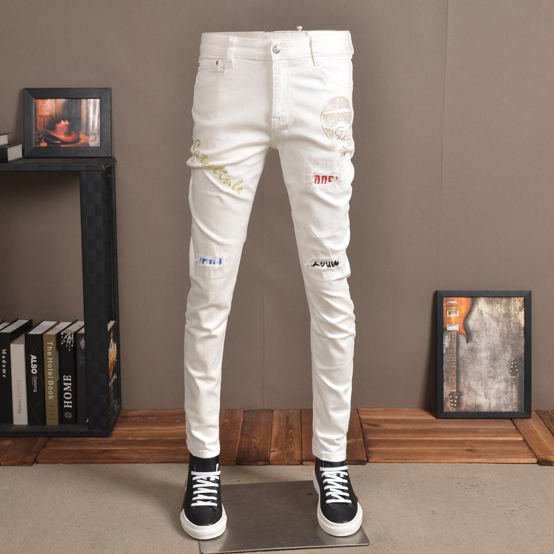 

Jeans Distressed Streetwear White Men Fashion Rhinestones Ripped Patch Stretch Jean