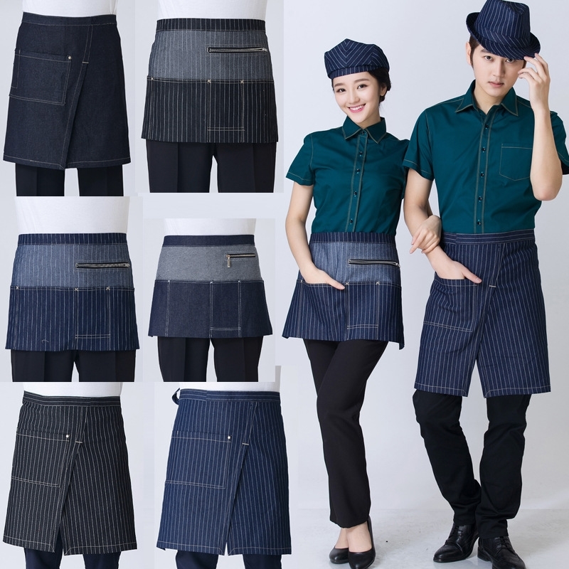 

Universal denim Half Bust Bib Apron Restaurant Kitchen Coffee Tea Shop Waitress Uniforms Waist Short Apron with Pockets 201007
