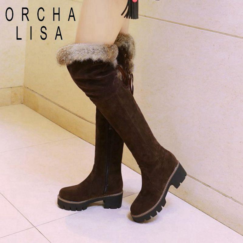

ORCHALISA knee Boots for Women Winter thick fur boots chunky heel platform fur decor snow big size 43 black brown