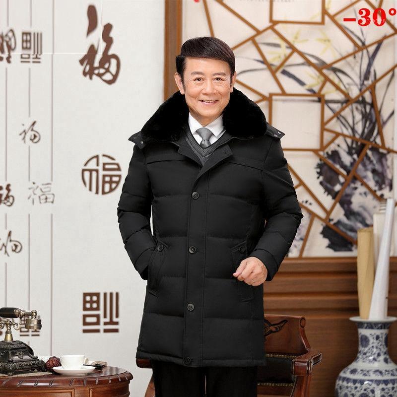 

Winter men duck Down jacket Thicken Warm Middle aged and elderly men Medium length Hooded Parka coat Casual Windbreaker Overcoat1, Black