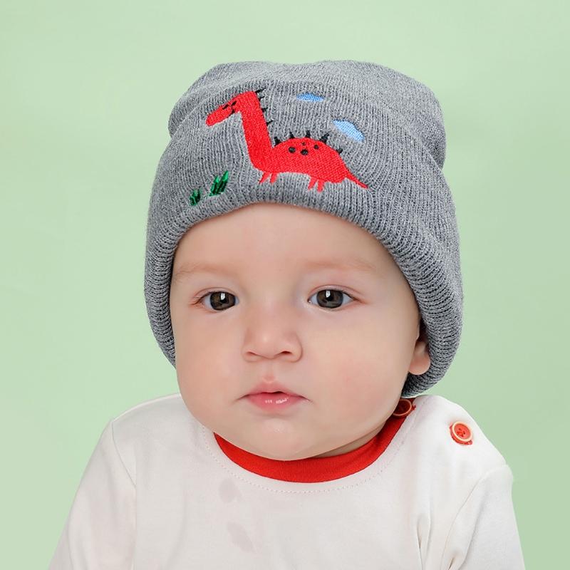 

Infant Kids Baby Winter Knitted Beanie Hat Cute Cartoon Dinosaur Embroidered Solid Color Outdoor Cuffed Skull Cap Ear Warmer 0-3